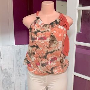 Banana Republic Small Silk Blouse Sleeveless Floral Peach Tie Strap Boho Small